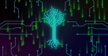 Shining neon cyan tree-like circuit showing traces and binary digits on dark gradient backdrop