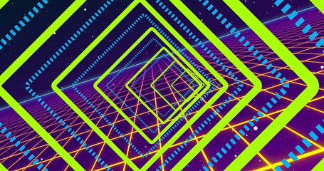Spinning green-blue neon square frames forming tunnel in grid world, with yellow grid, starry sky