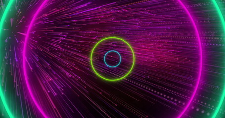 Radiating neon light streaks flowing in cyberspace, with concentric cyan lime green fuchsia rings