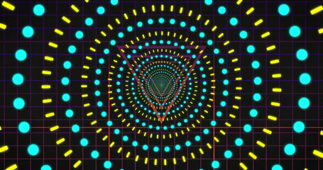 Abstract rings forming spiral in digital space with turquoise dots, yellow dashes, magenta grid