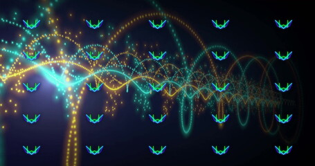 Weaving teal waveform and golden dotted line arcing in digital void, with neon chevrons, particles