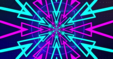 Radiating neon cyan magenta arrows converging in starfield, with concentric circles and dotted grid