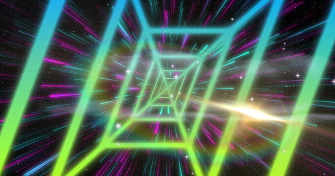 Forming glowing neon frame tunnel in cosmic hyperspace, with radial streaks, star points and flare