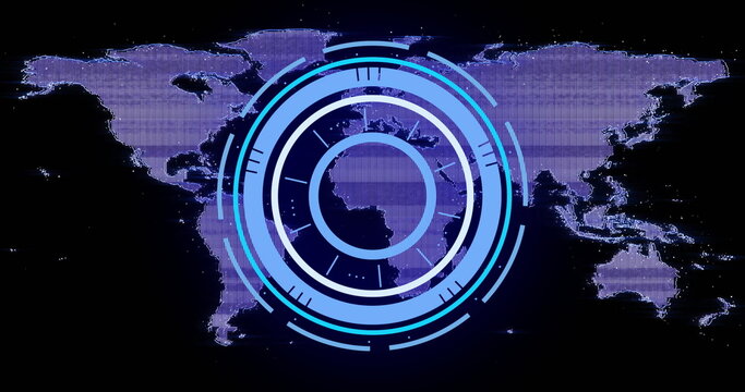 Displaying concentric blue HUD rings overlaying virtual interface, pixelated purple world map