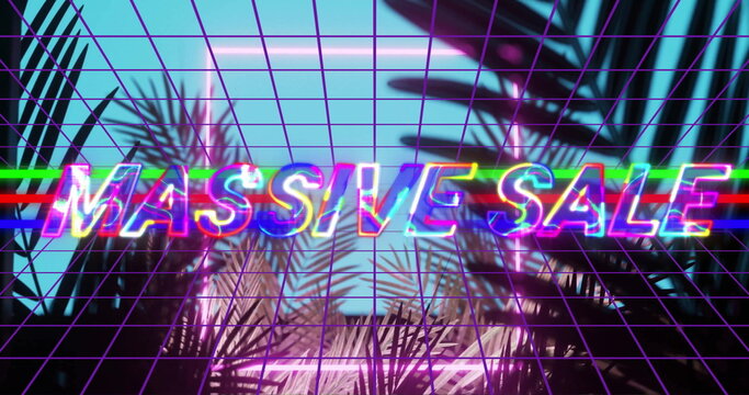 Glitching neon MASSIVE SALE text glowing over purple wireframe grid, with palm leaf silhouettes