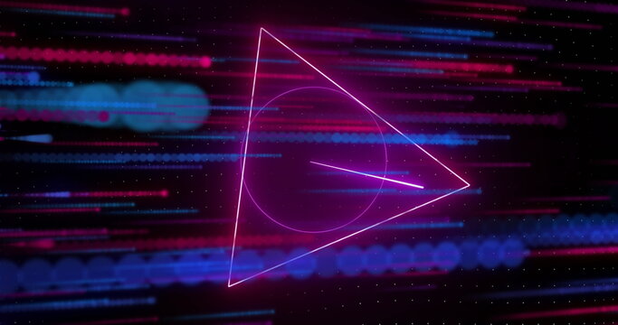 Showing glowing neon pink triangle on screen with circle and diagonal line, streaks and matrix dots