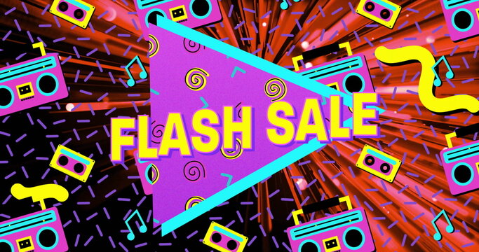 Displaying purple FLASH SALE banner dominating 80s graphic, with neon cassette and boombox icons