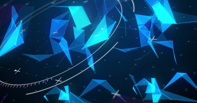 Floating blue polygons connecting with white curved lines and glowing crosses, in digital network