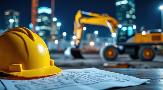 Hard hat and blueprints at night, a yellow hard hat and plans sit on a table with a blurred excavator and cityscape, symbolizing construction planning and urban development after hours. - Powered by Adobe