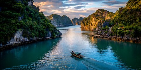 Imerald waters with boats. Travel destination, natural wonder landscape background wallpaper