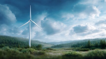 Solitary wind turbine in tranquil countryside landscape