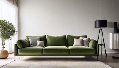 minimalist living room with an olive green sofa