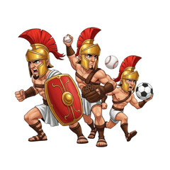 Cartoon spartan warriors playing baseball and soccer isolated on transparent background