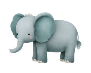 Cute baby elephant illustration with soft blue color, large ears, and gentle expression, perfect for nursery decor, children books, or playful animal themed designs