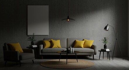 Modern Interior Design with Gray Sofa Yellow Pillows and Concrete Wall for Minimalist Living Room Ideas