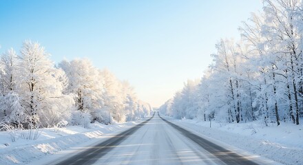 Obraz premium Winter road surrounded by snowy forest trees