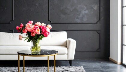 Pink Peonies in Glass Vase on Marble Table with Gold Legs in Modern Living Room