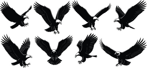 Majestic eagle flying silhouette vector set, powerful bird of prey icons, detailed raptor wings spread, wildlife nature symbols, hunting eagle illustrations