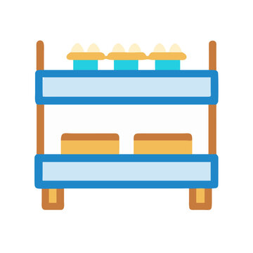 Flat design illustration of a two-tier shelf unit with food items