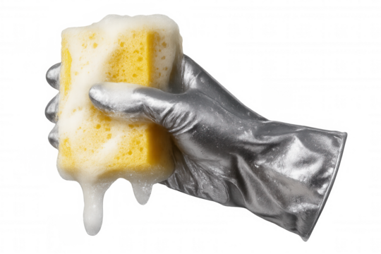 Silver-gloved hand gripping soapy yellow cleaning sponge, dripping white foam against transparent surface