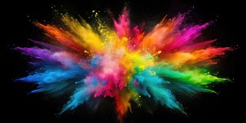 A vibrant explosion of multicolored powder against a stark black backdrop, showcasing a dynamic and energetic burst of color, ideal for creative projects needing a powerful visual impact.