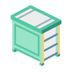Isometric illustration of a light green cabinet with drawers and white accents