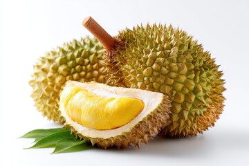 Obraz premium one whole durian, plus one cut section showing yellow creamy flesh
