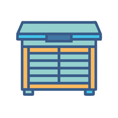 Stylized illustration of wooden storage cabinet on a black background, flat design