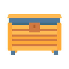 Wooden Treasure Chest with Blue Accents on Black Background in Flat Style