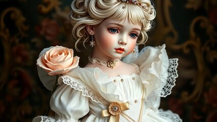 Close-Up Antique White Dress Doll with Roses, Realistic BJD