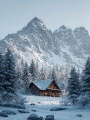 winter scene of cozy cabin with tree views in the snowcovered mountains 