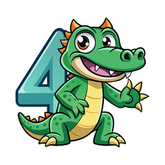 Playful alligator cartoon character holding giant number four, cute children book illustration, educational animal vector design for kids learning