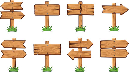 Cartoon wooden signs, vector direction boards, arrow pointers, rustic signposts, empty wooden planks, navigation icons, wooden signage collection © Ashik Creatives
