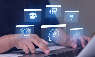 AI learning and intelligent agents revolutionize education and business. Explore futuristic concepts of machine learning, digital knowledge, and smart technology.