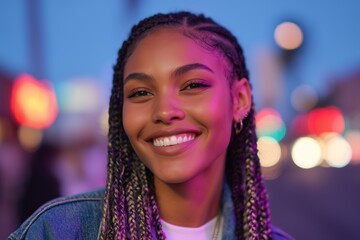 Young woman with braided hair smiles brightly in urban setting, illuminated by colorful lights, showcasing joy and confidence in a vibrant nightlife atmosphere