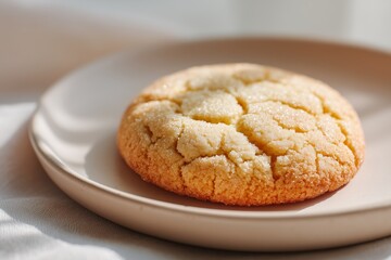 Freshly baked golden cookie resting on a light ceramic plate, showcasing its textured surface and inviting appearance, perfect for dessert or snack imagery