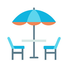 Outdoor cafe illustration with umbrella, table, and chairs on black background
