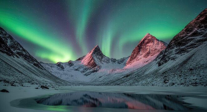 Magical Northern Lights (Aurora Borealis) illuminating snow-covered mountains and a frozen lake under a clear night sky. - Powered by Adobe