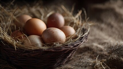 A woven basket filled with fresh farm eggs on a bed of straw  long title A rustic woven basket filled with assorted brown and white farm fresh