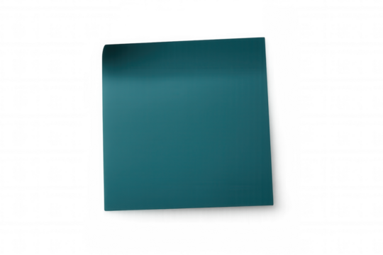Teal sticky note with curled edge, positioned on transparent surface, ready for custom text or design overlay