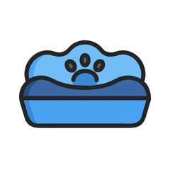 Blue pet bed graphic with paw print emblem on a black background