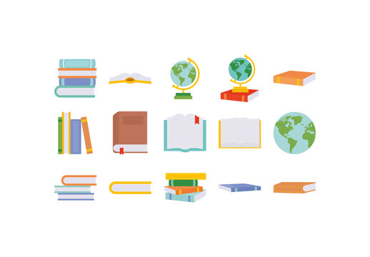 Colorful Book Day Illustrations Education Reading Knowledge Designs Set