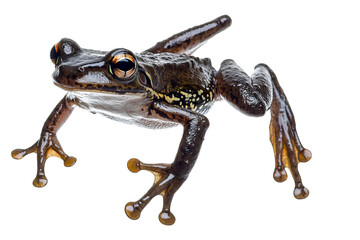 A striking black frog with bright orange eyes, showcasing intricate details and textures against a white background.