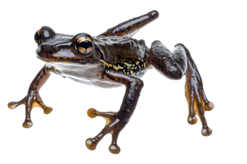 A striking black frog with bright orange eyes, showcasing intricate details and textures against a white background.