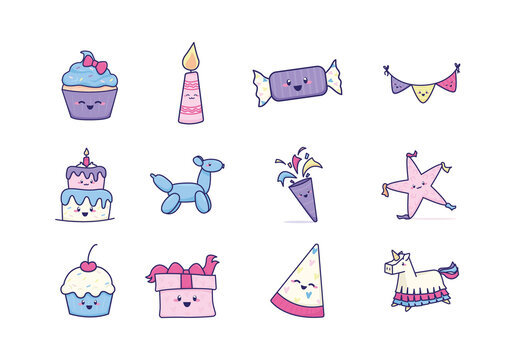 Colorful Kawaii Birthday Designs Cute Party Decoration Illustrations Set