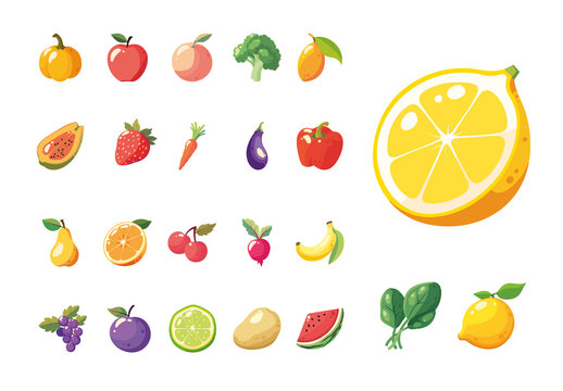 Colorful Fruits Vegetables Designs Healthy Food Illustrations Set