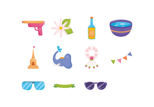 Colorful Songkran Designs Thailand Festival Water Elephant Illustrations Set