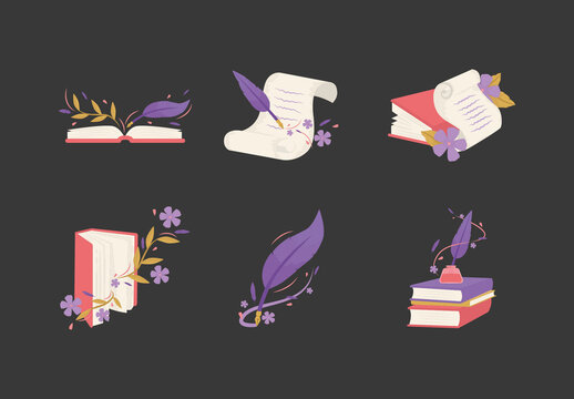 Colorful Poetry Book Designs Literature Illustrations Set