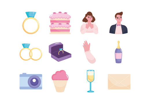 Colorful Wedding Elements Marriage Celebration Illustrations Set