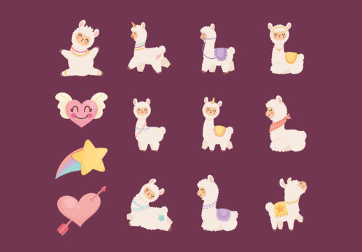 Colorful Sweet Llama Cute Designs Alpaca Adorable Illustrations Set